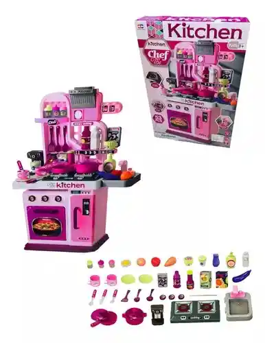 Cocina Infantil Con Accesorios, Luces Y Sonido Color Rosado Funciona Con Agua Real