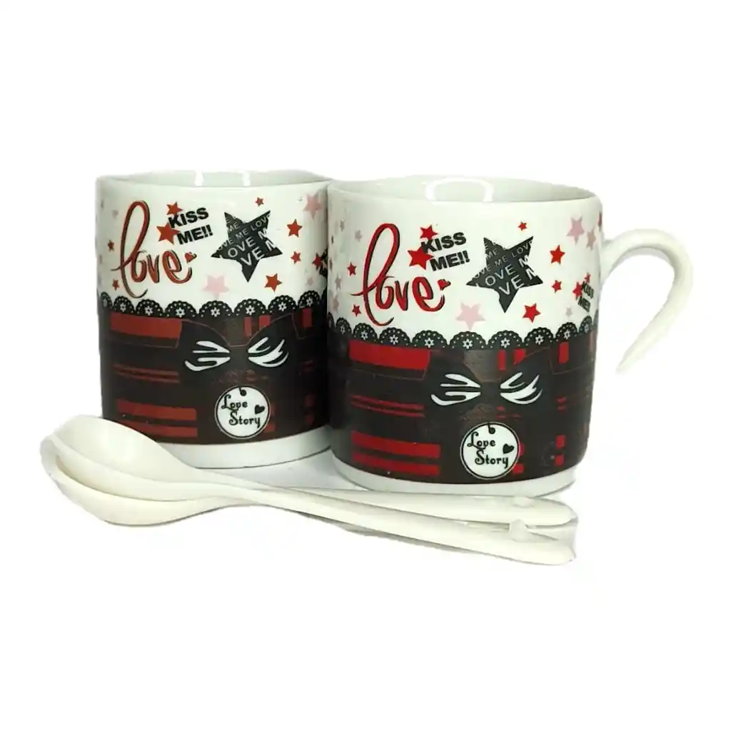 Juego De Tazas Y Cuchara Love 2piezas