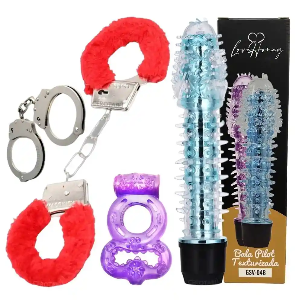 Kit Vibrador Textura Silicona + Anillo Vibrador Doble + Esposas