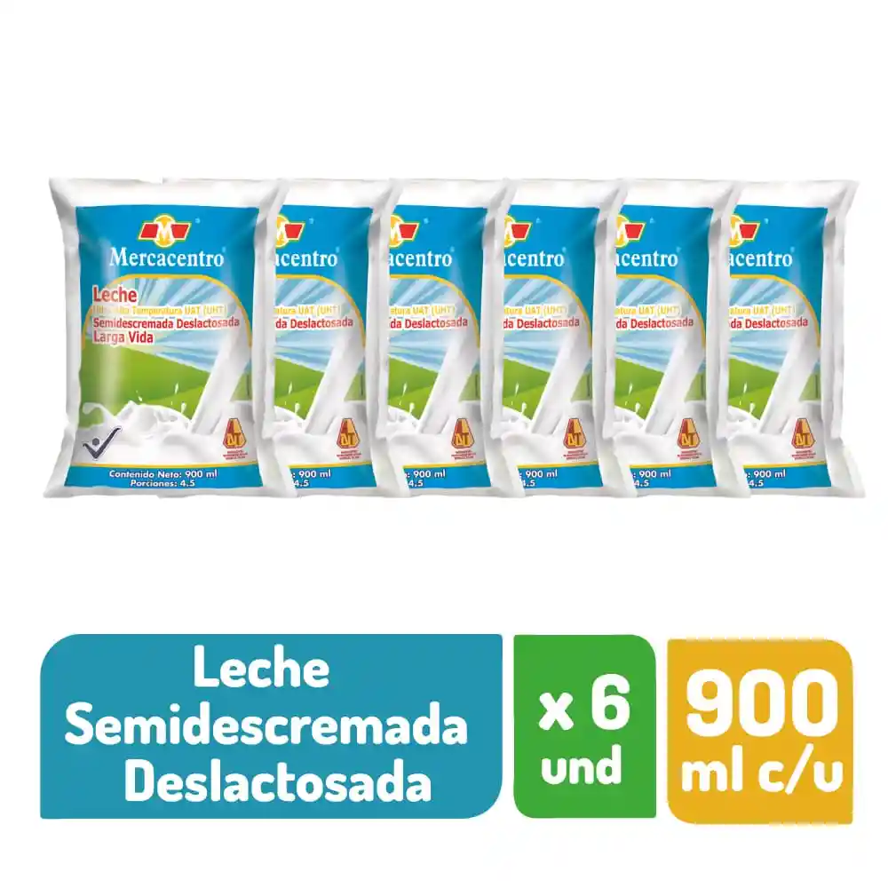 Leche Mercacentro Semidescremada Deslactosada Sixpack 900 Ml