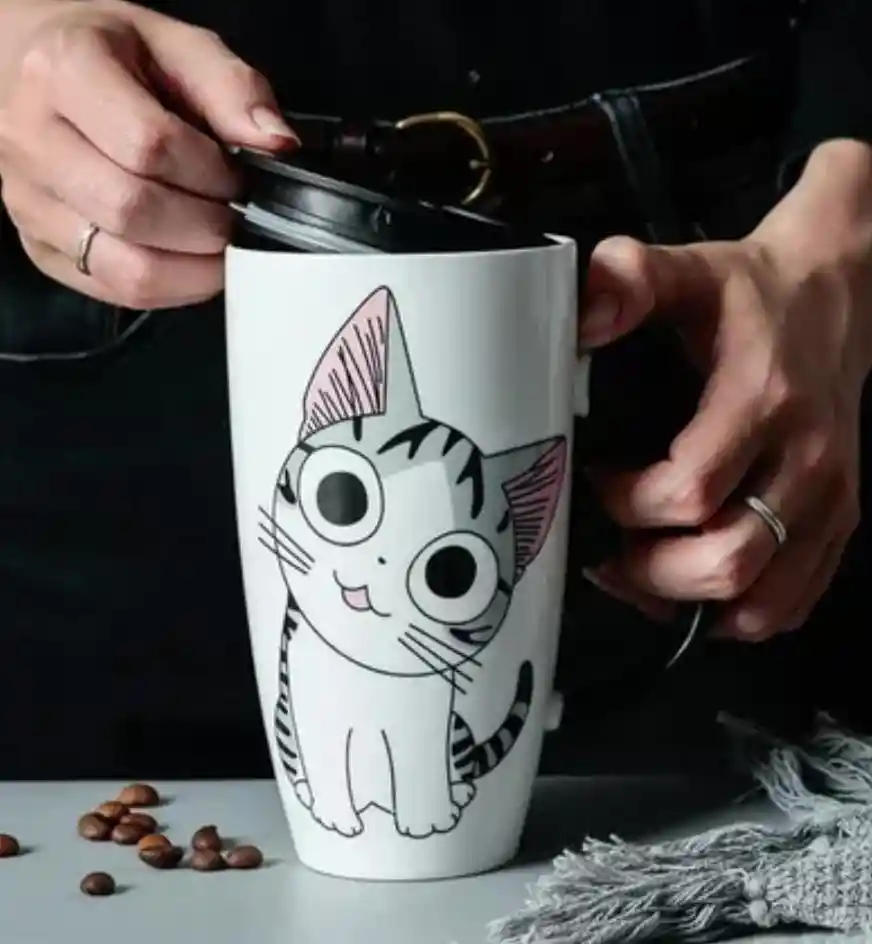 Pocillo Vaso Mug Taza Con Tapa Catlovers Gato Curioso