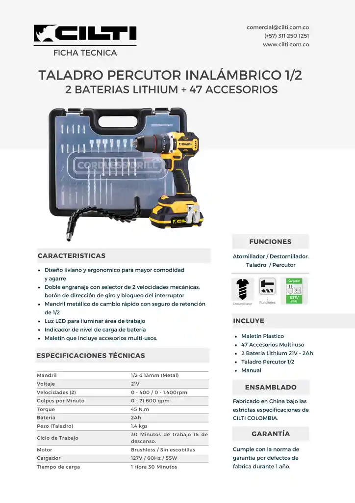 Taladro Inalambrico 21v - Mandril 1/2 + 2 Baterias + 47 Accesorios Cilti