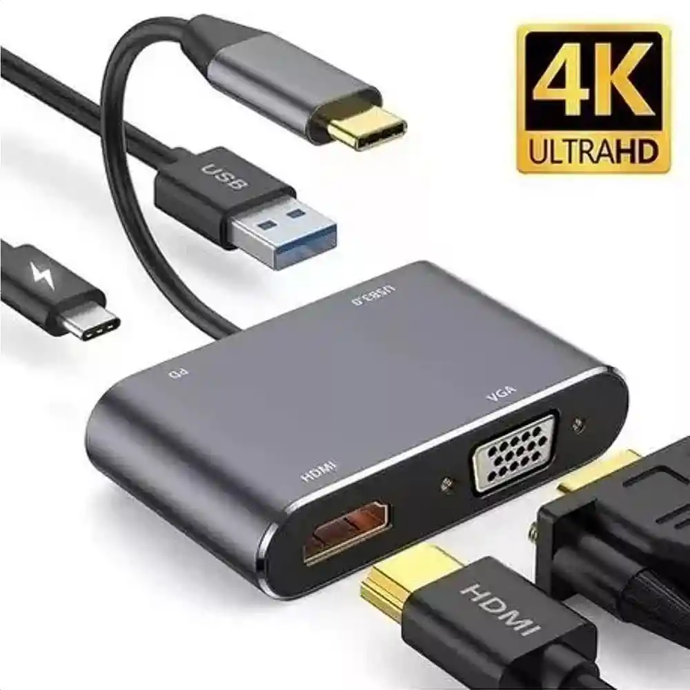 Adaptador Hub Usb-c 4 En 1 Con Hdmi + Vga + Usb 3.0 + Usb-c/pd