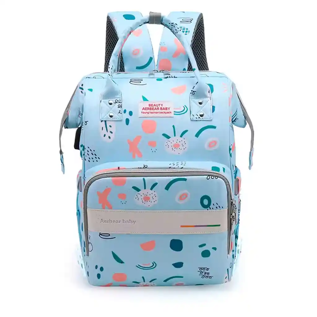 Pañalera Tipo Morral Con Diseño Estampado Celeste / Flores