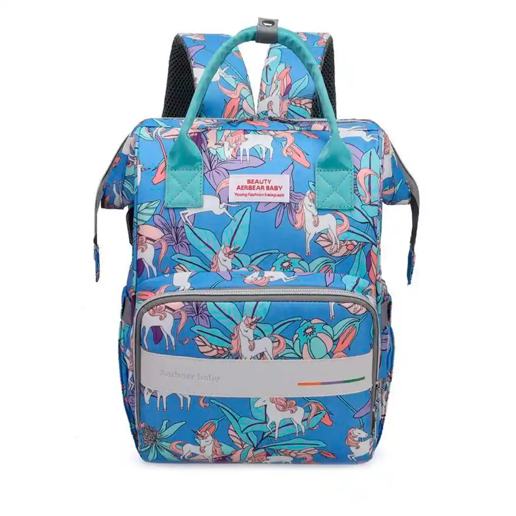 Pañalera Tipo Morral Con Diseño Estampado Lila / Unicornios