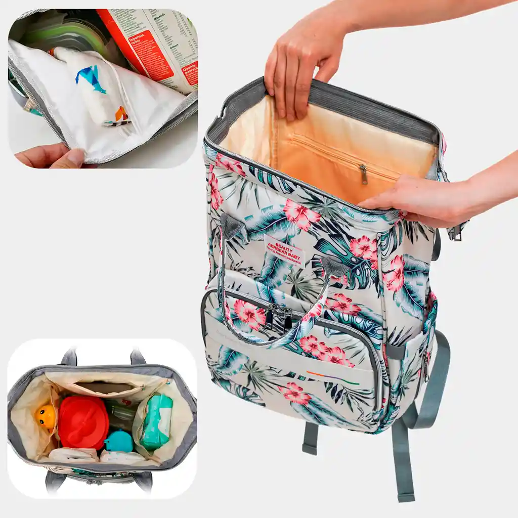 Pañalera Multifuncional Con Diseño Estampado Gris / Flores