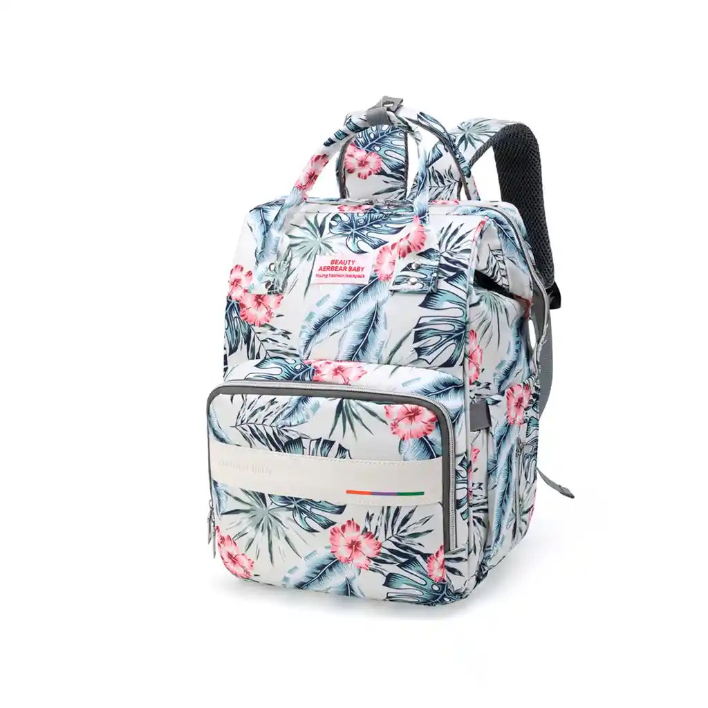 Pañalera Multifuncional Con Diseño Estampado Gris / Flores