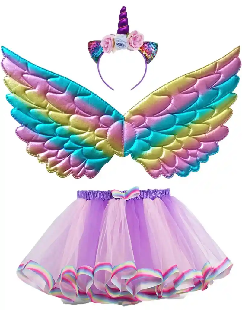 Set De Unicornio Para Niña Tutu Falda, Balaca Con Cuerno Y Alas De Colores