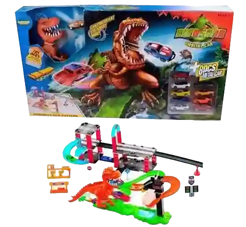 Juguete Pista Dinosaurio T-rex Doble Lavado + 10 Carros Grande