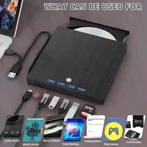 Unidad Dvd Externa Portátil Ultrafina 8en1 Usb3 Tipoc Reproductorhd Grabadora Cd/dvd Portátiles Pcs