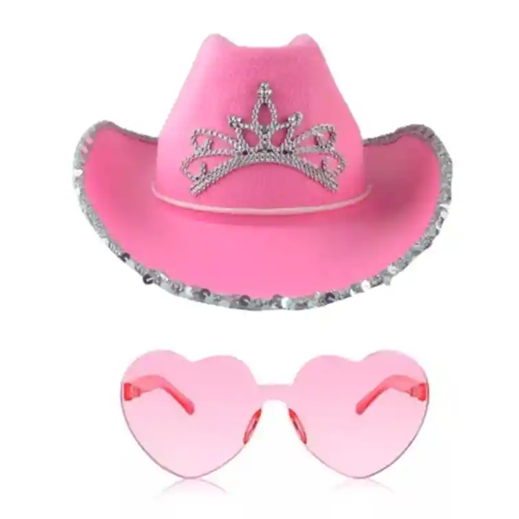 Sombrero Vaquero Rosa Holografico + Lentes Corazón Despedida De Soltera