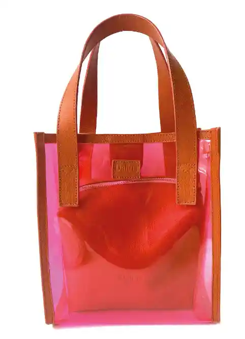 Bolso Transparente Mediano Coral Vinilo Y Cuero Mini Bolso Interno