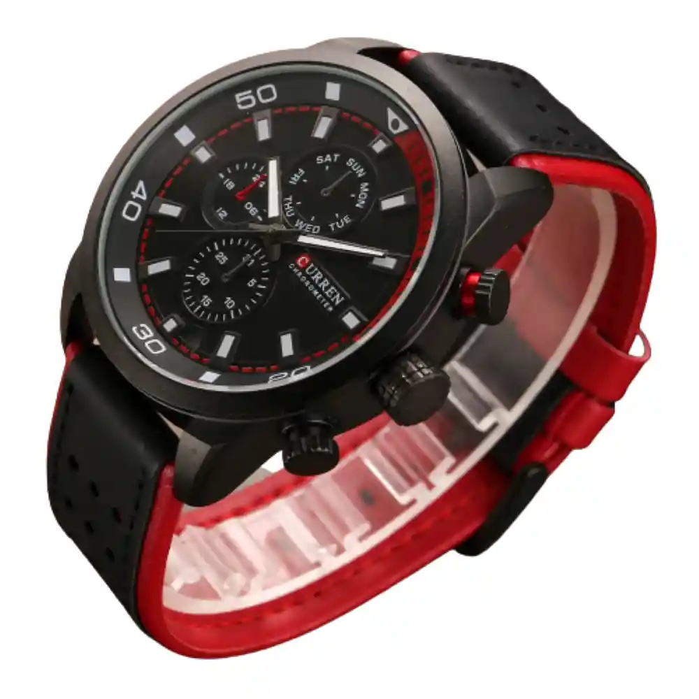 Reloj Curren 8250 Cuarzo Correa De Cuero Negro Rojo