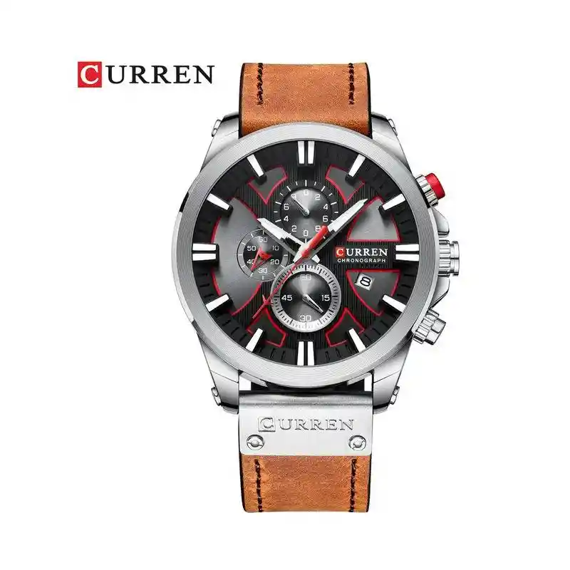 Reloj Curren 8346 Deportivo Cuarzo Cuero Café Plateado