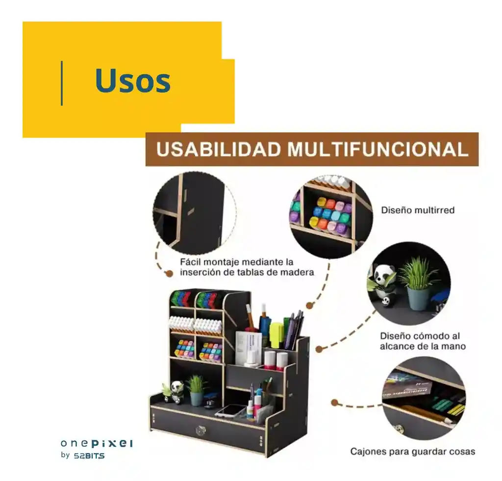 Organizador De Escritorio Madera Oficina Con Cajonera 52 Bits