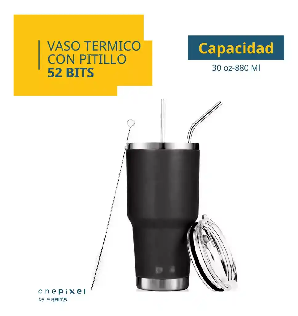 Vaso Térmico 52 Bits De 30 Onzas 880 Ml Con Tapa Vaso Liso Y Pitillo