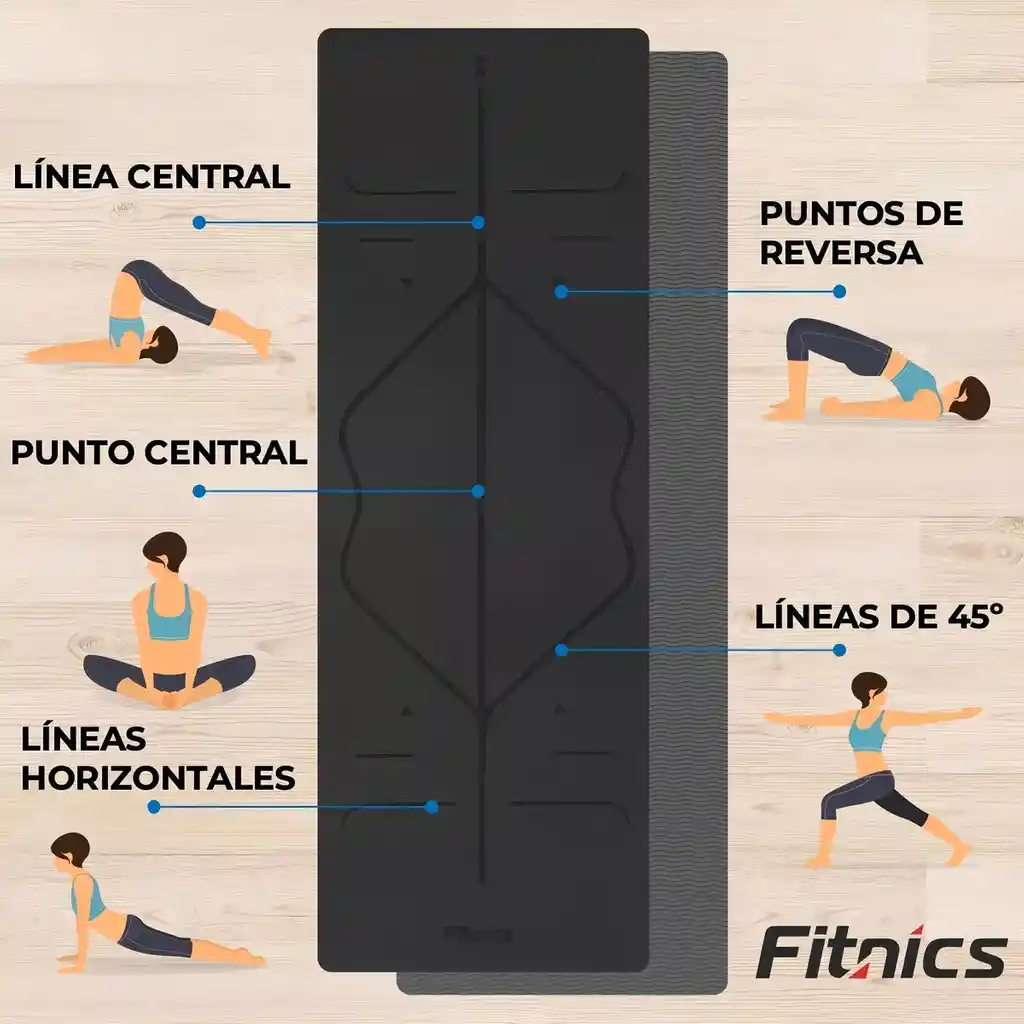 Tapete De Yoga Colchoneta 8mm Doble Color Guías +bolso +correa Color Negro