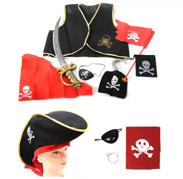 Set Pirata Disfraz Sombrero Espada Garfio Pañoleta Chaleco Parche Niños Niñas Disfraces