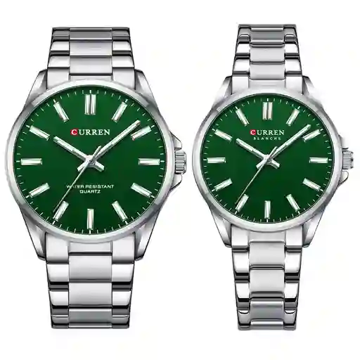 Reloj Curren 9090 Para Pareja Plateado Verde