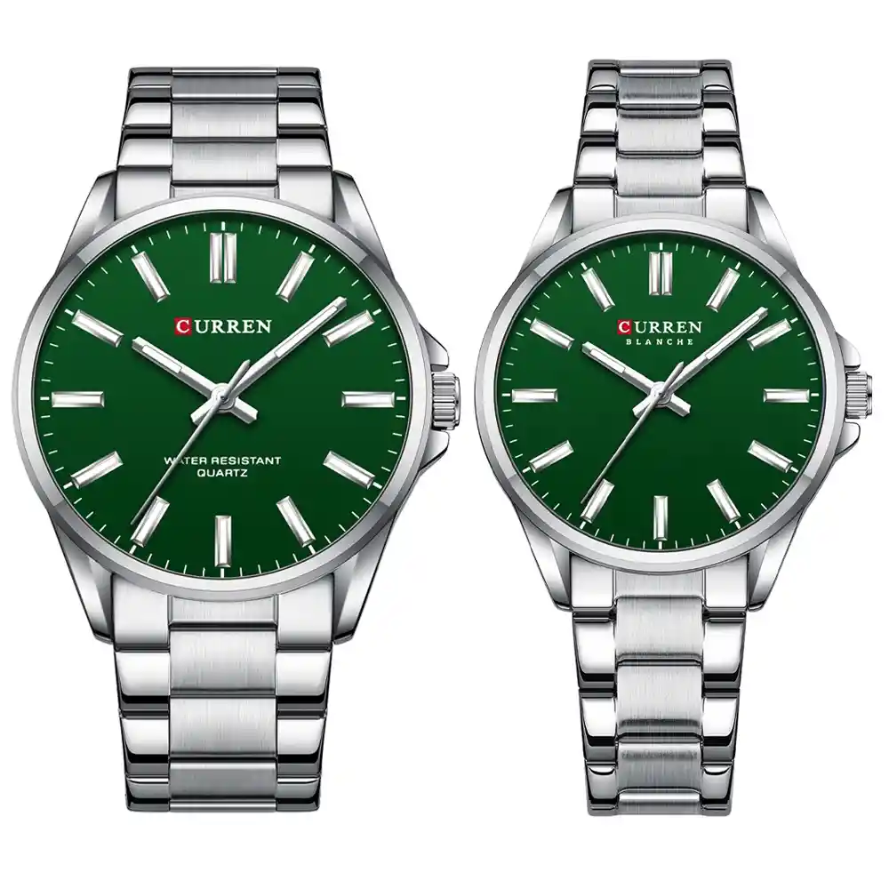 Reloj Curren 9090 Para Pareja Plateado Verde