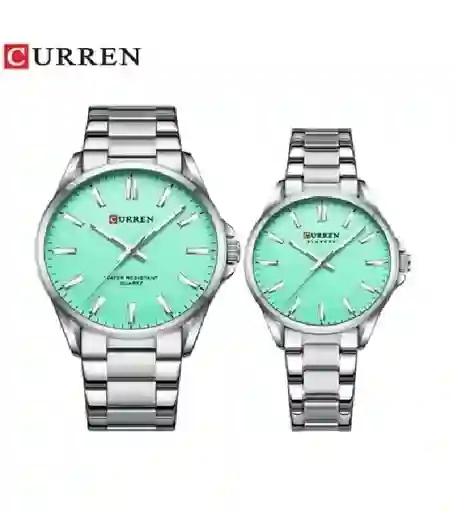 Reloj Curren 9090 Para Pareja Plateado Turquesa