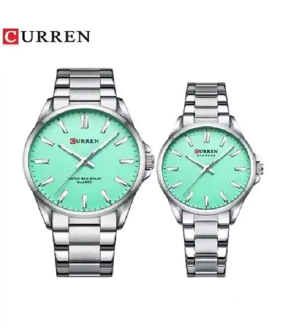 Reloj Curren 9090 Para Pareja Plateado Turquesa