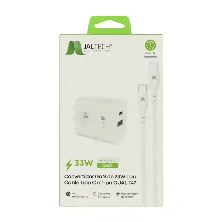 Cargador Jaltech Gan 33w Qc 3.0 Con Cable Ti