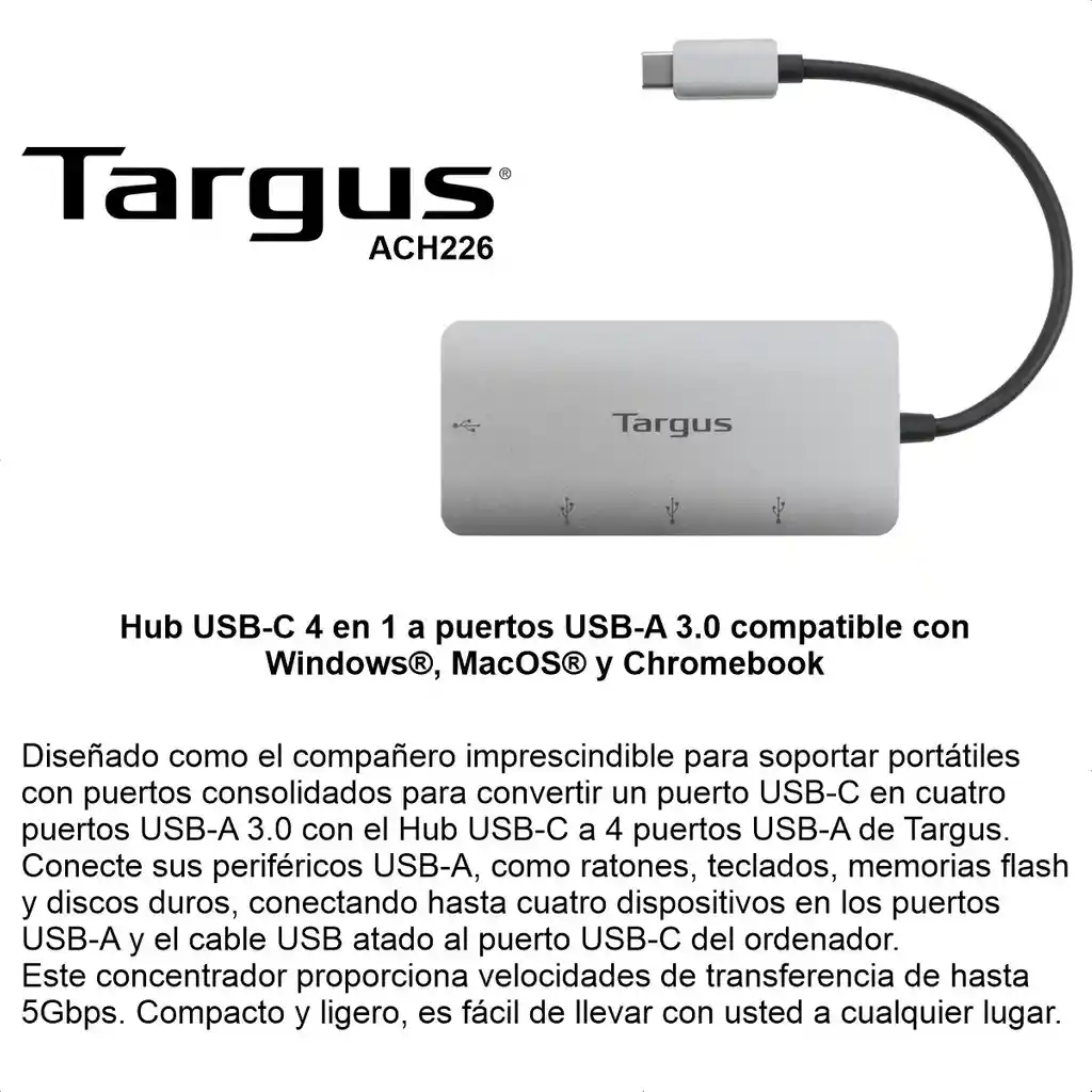 Hub Usb-c A Targus Ach226bt, De 4 Puertos Usb-a 3.0