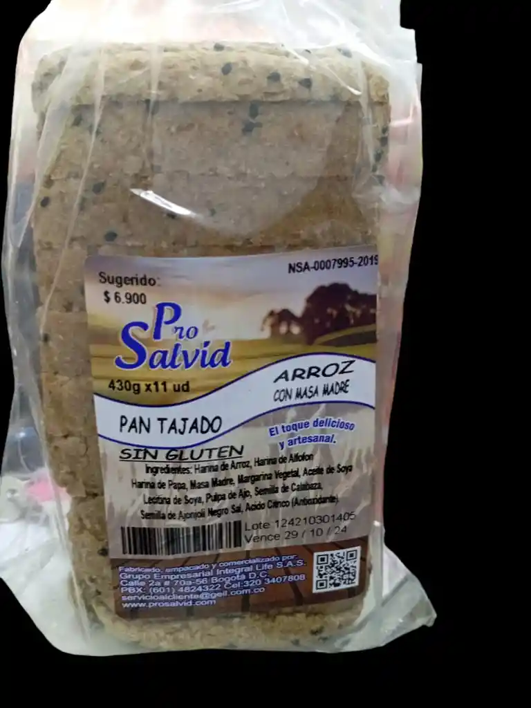 Pan Tajado De Arroz Sin Gluten Con Masa Madre X 430 Gms Pro Salvid