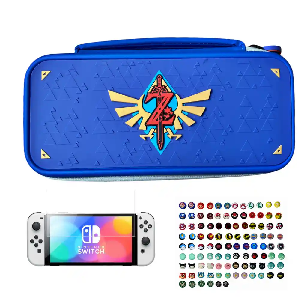 Estuche Zelda Azul + Vidrio + 2 Grips Para Nintendo Switch Oled