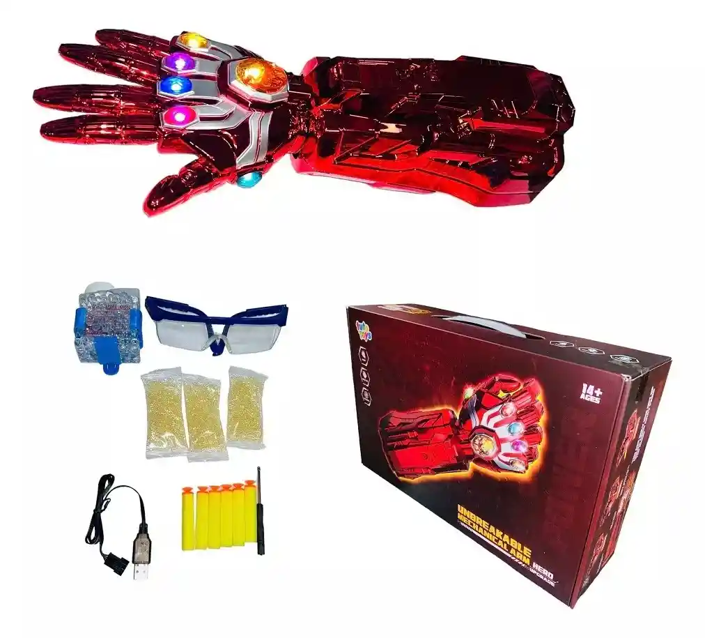 Brazo Robótico Iron Man Lanzador De Dardos Y Esferas De Hidrogel Color Rojo