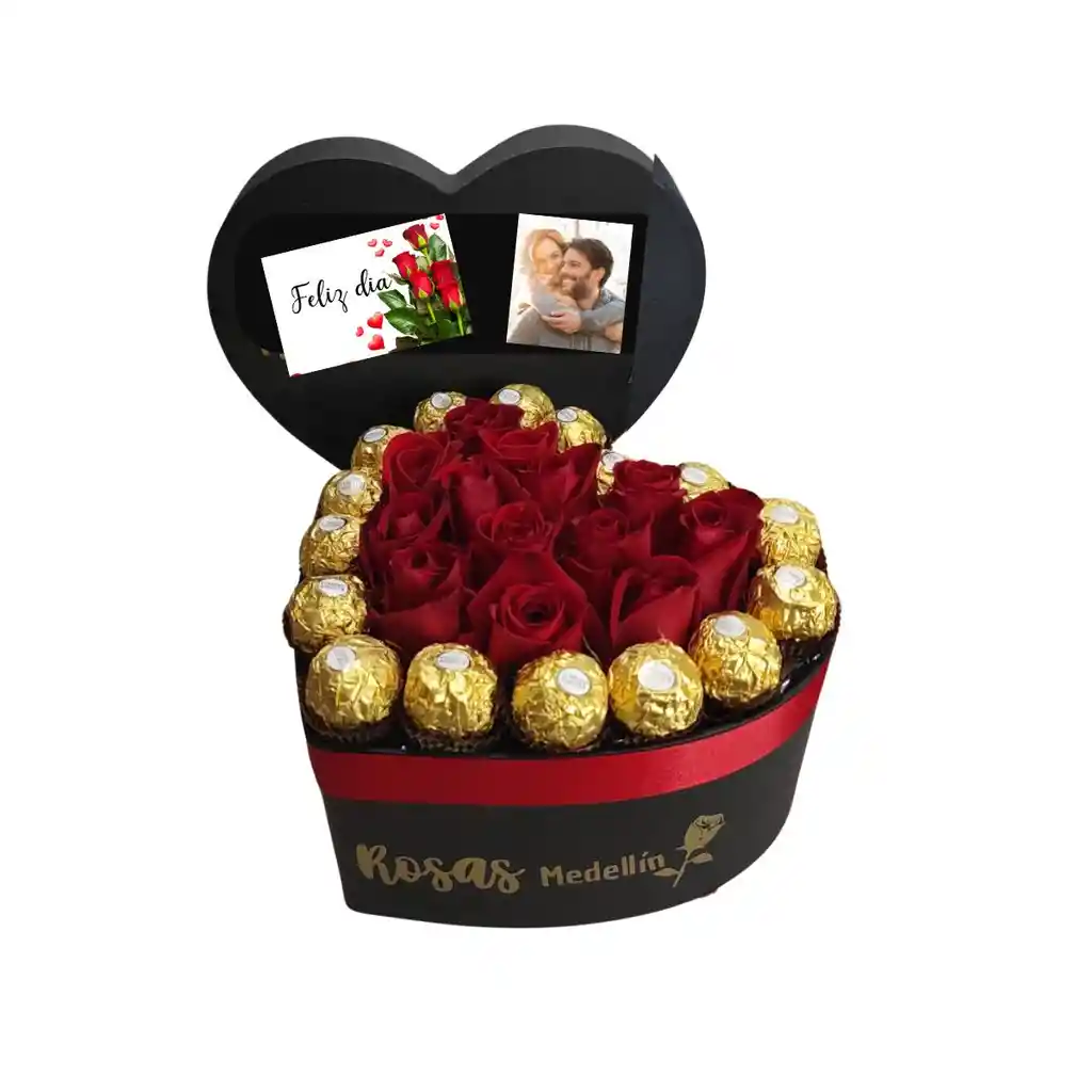 Corazón Con Rosas Y Chocolates Ferrero Alrededor - Pequeño