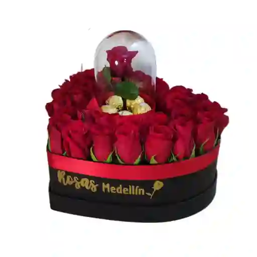 Corazón Con Rosas Y Rosa Preservada Pequeña Rosada- Mediano