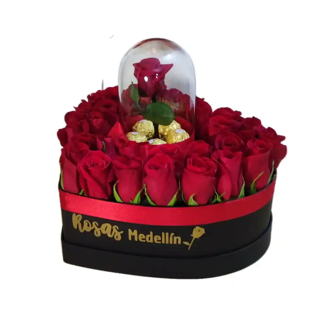 Corazón Con Rosas Y Rosa Preservada Pequeña Rosada- Mediano