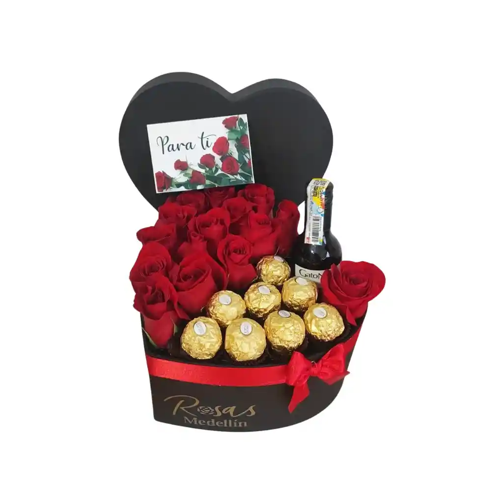 Corazón Con Rosas De Exportación, Chocolates Vino - Pequeño