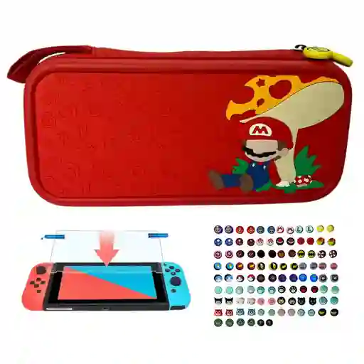 Estuche Edicion Mario Hongo + Vidrio + 2 Grips Para Nintendo Switch