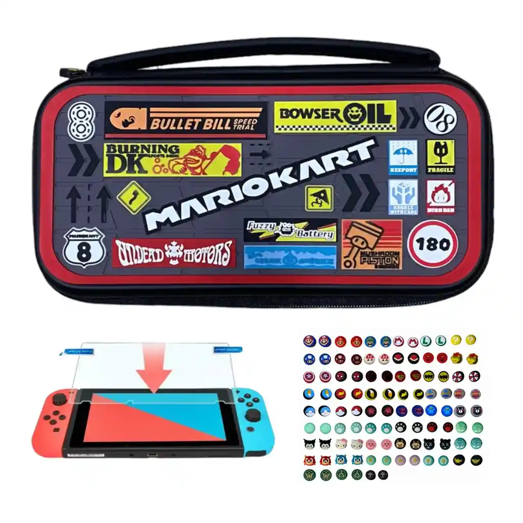 Estuche Edicion Mario Kart+ Vidrio + 2 Grips Para Nintendo Switch