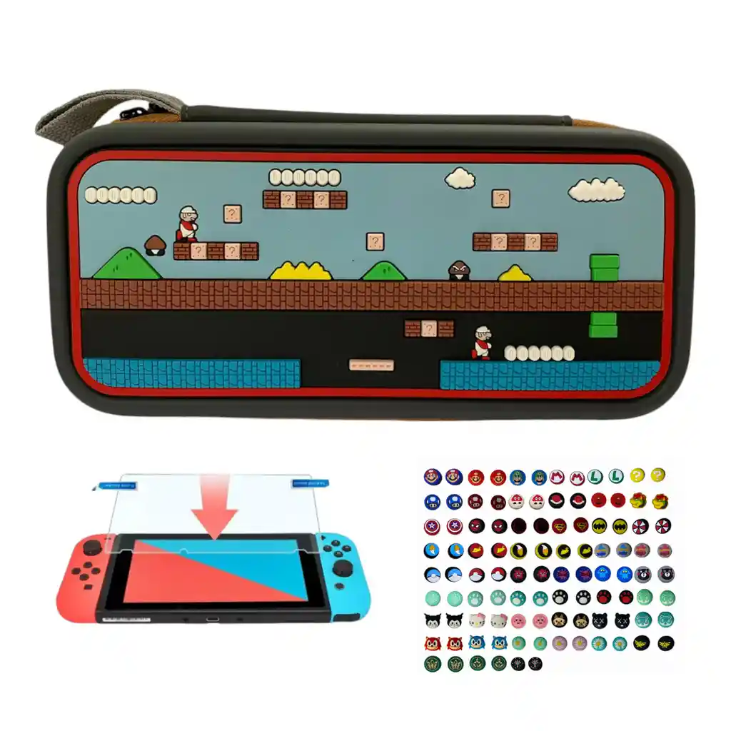 Estuche Edicion Mario Mundo + Vidrio + 2 Grips Para Nintendo Switch