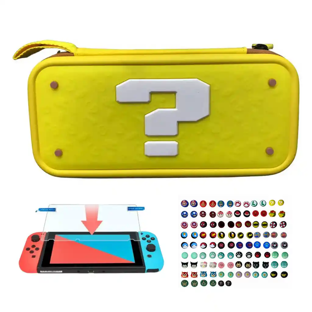 Estuche Edicion Signo Interrogacion + Vidrio + 2 Grips Para Nintendo Switch