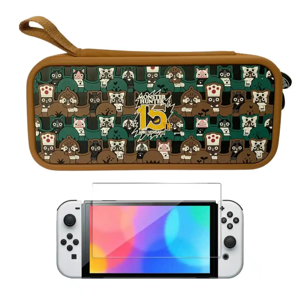 Estuche Edicion Monster Hunter 15 Anniversary + Vidrio Para Nintendo Switch Oled