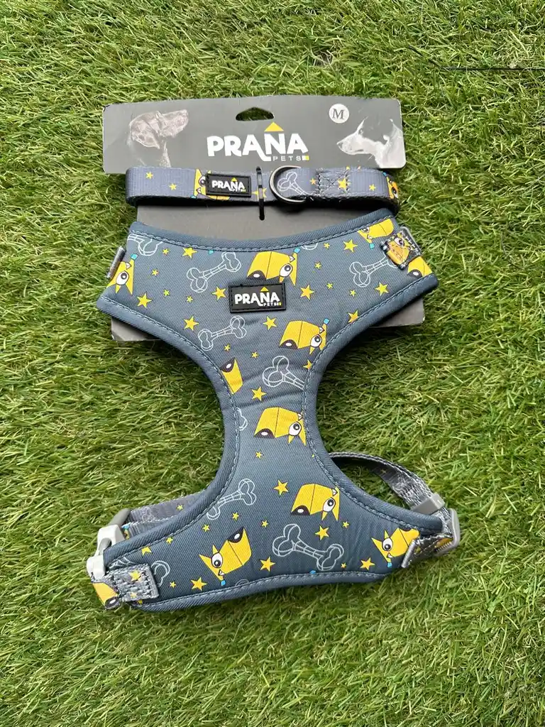 Arnés Para Perro - Talla M - Diseño Perro-huesos-estrellas - Amarillo/gris