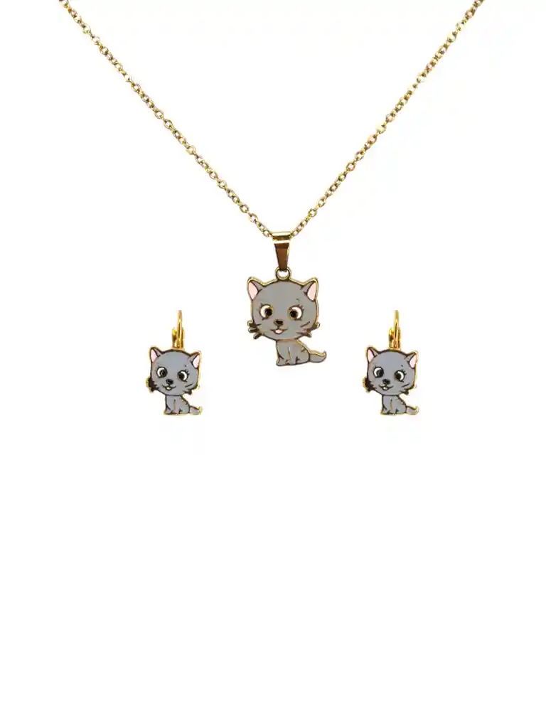 Juego De Aretes Y Collar Esmaltados Diseño Gatito