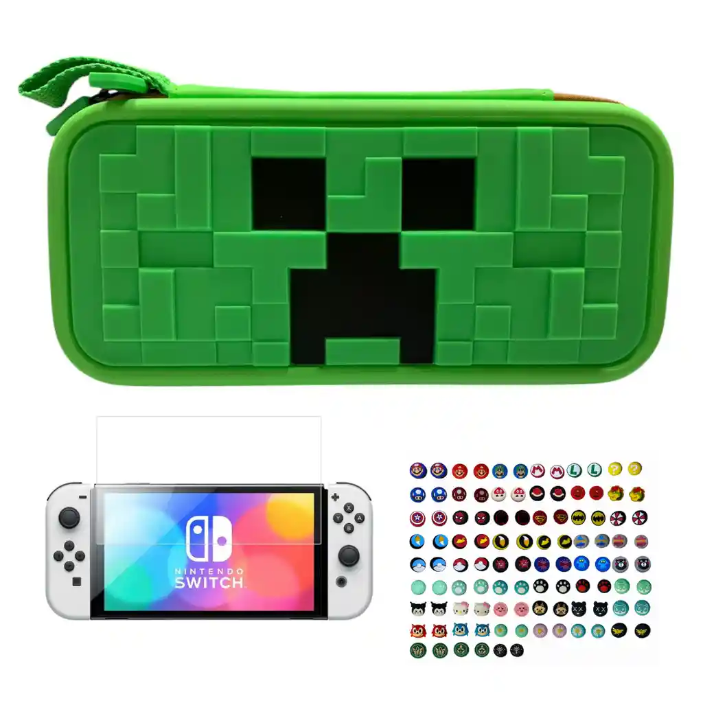 Estuche Edicion Minecraft + Vidrio + 2 Grips Para Nintendo Switch Oled