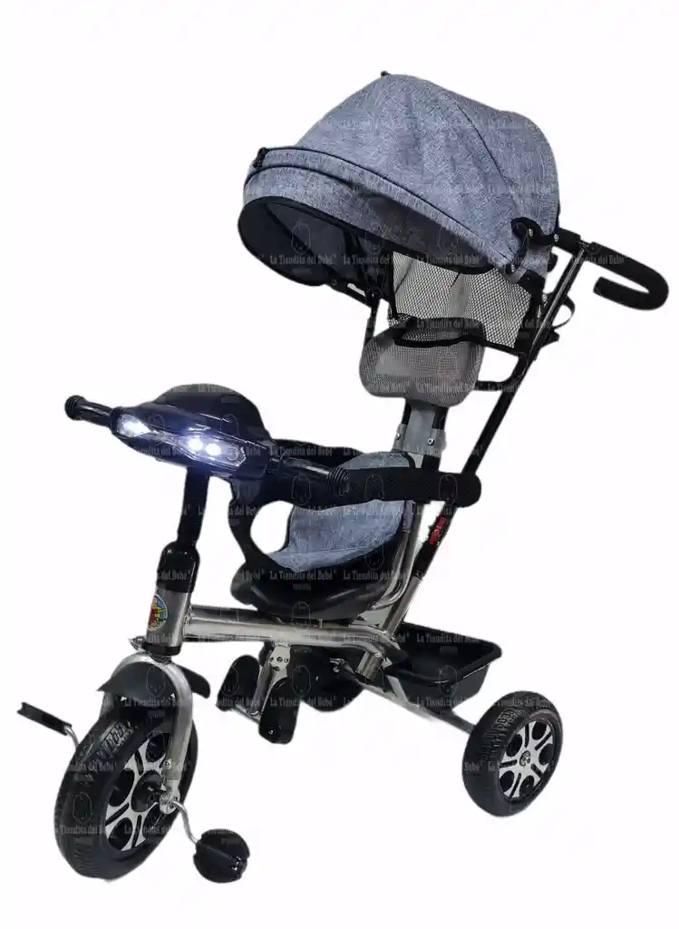 Triciclo Con Guía Bebe Niño Niña Musical Luces Paseador Gris