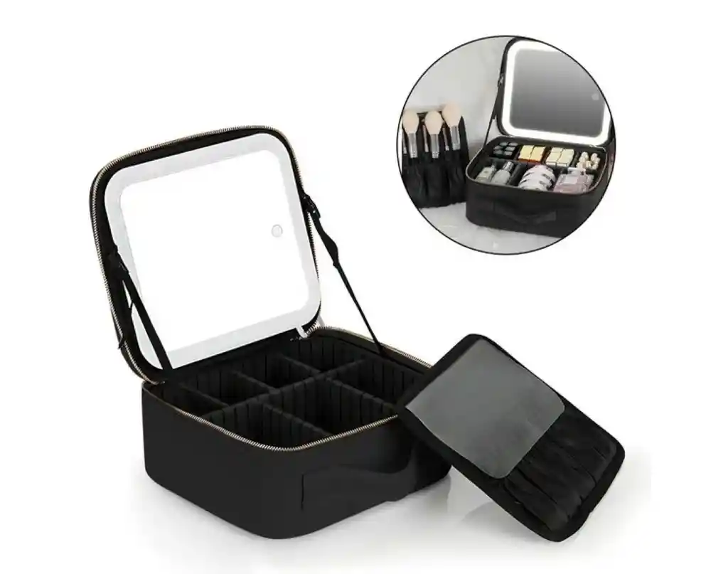 Estuche De Maquillaje Con Espejo Divisiones Luz Led 3 Modos