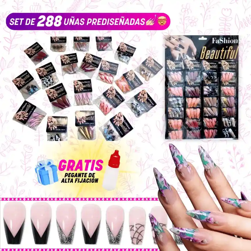 288 Uñas Tipo Acrilicas Decoradas, Press On Fashion (motivos Variados) + Pegante Profesional