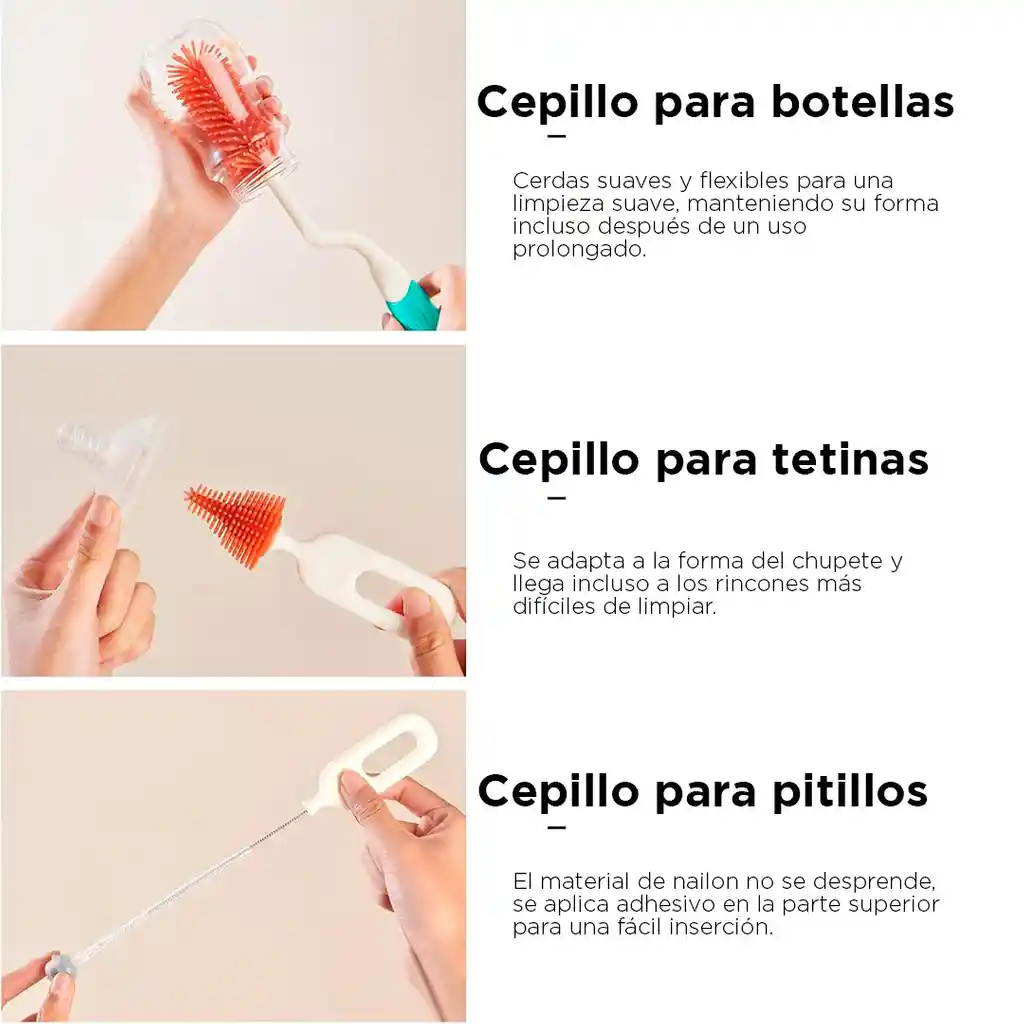 Juego De Cepillos Con Soporte Para Teteros Y Accesorios, Set De Aseo Para Biberones 3 En 1 Azul