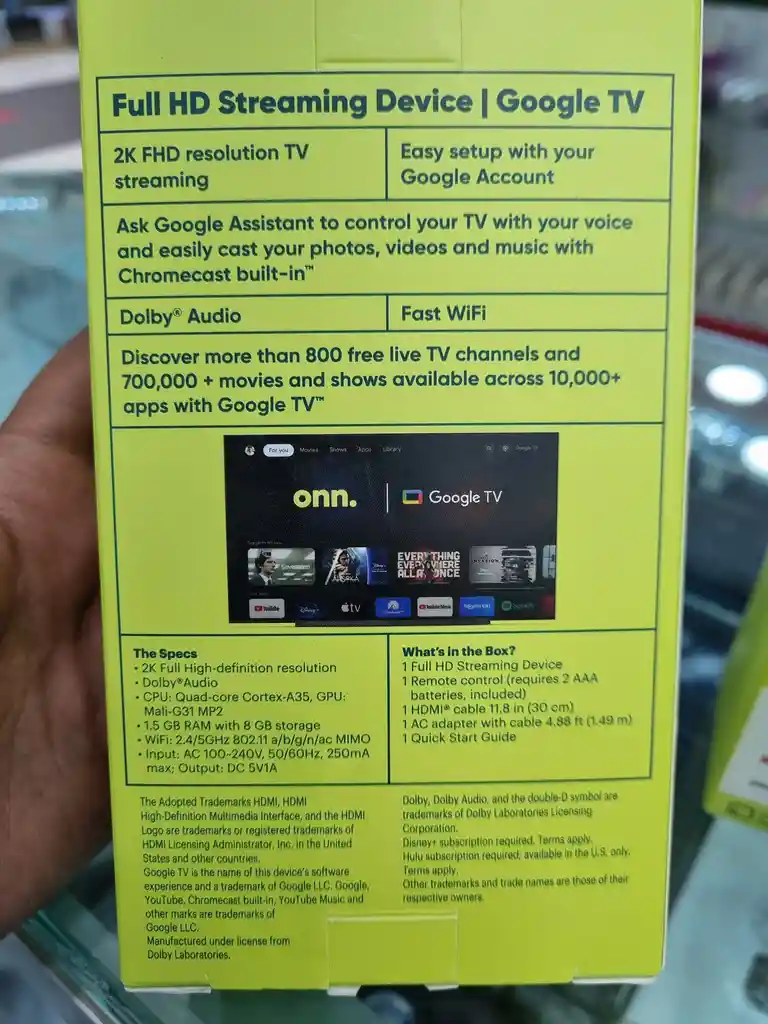 Onn 2k Fhd Streaming Stick Con Google Tv Control Por Voz