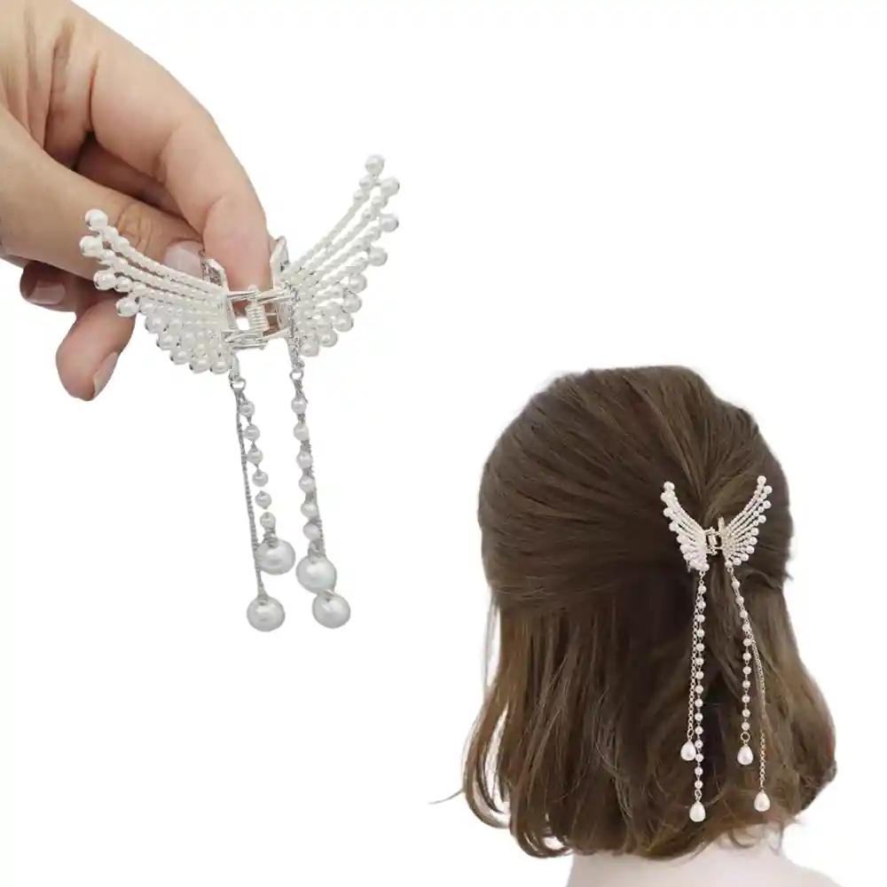 Pinza Gancho Caimán Mariposa Plateada Elegante Para Cabello