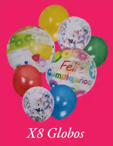 Bouquet X8 Globos Fiesta Feliz Cumpleaños